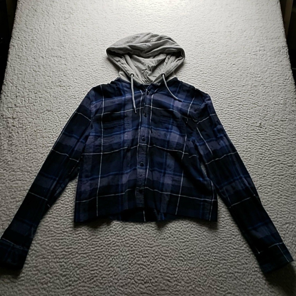 Aeropostale Button Up Shirt Womens Large Blue Plaid Hooded Flannel Top